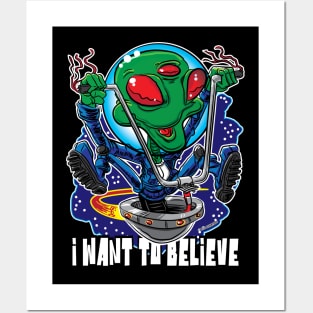 I Want to Believe Alien UFO with Handlebars Posters and Art